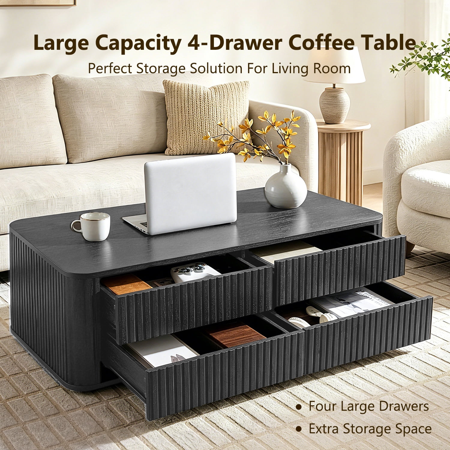IFMUST 51" Modern Fluted Coffee Table with 4 Hidden Drawers, Curved Edges, for Living Room