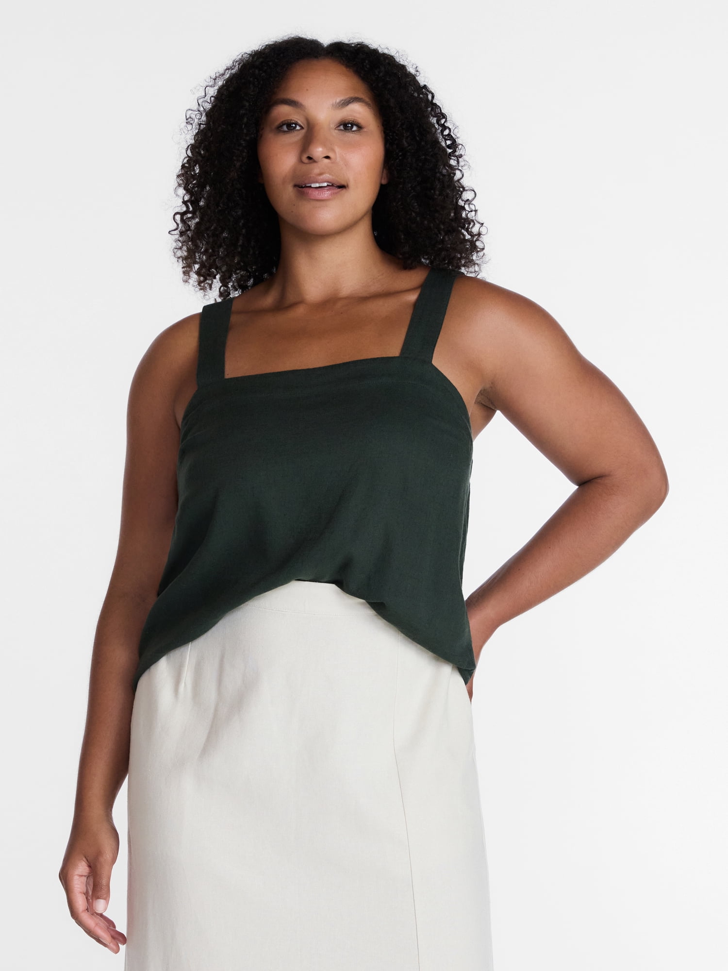Time and Tru Women's Linen Blend Square Neck Tank Top, Sizes XS-XXXL