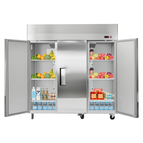 KFFKFF Commercial Stainless Steel Refrigerator 72" W, 52 Cu.Ft Upright Cooler with Three Doors, Auto-Defrost, 9 Adjustable Shelves, 32 to 50℉ Temperature Range, UL Certified
