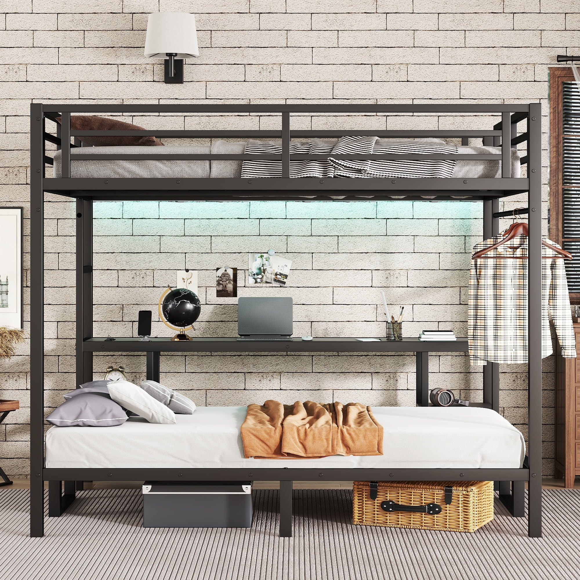 Bunk Bed with Desk, Queen over Twin XL Metal Bed, Loft Bed with Folding Sofa, LED Lights, USB, Storage Shelves, Folding Design, Black for Kids Bedroom Shared Room