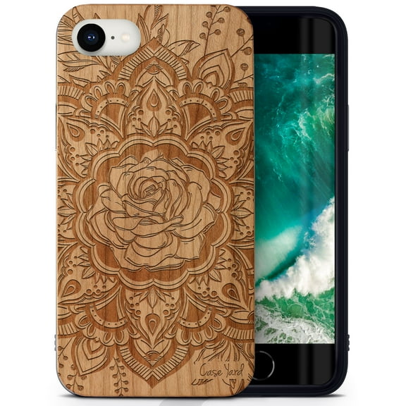 Case Yard Wooden Case Outside Soft TPU Silicone, Slim Fit Shockproof Wood Protective Phone Cover for Girls Boys Men and Women, Supports Wireless Charging Rose Flower Design case for iPhone-SE