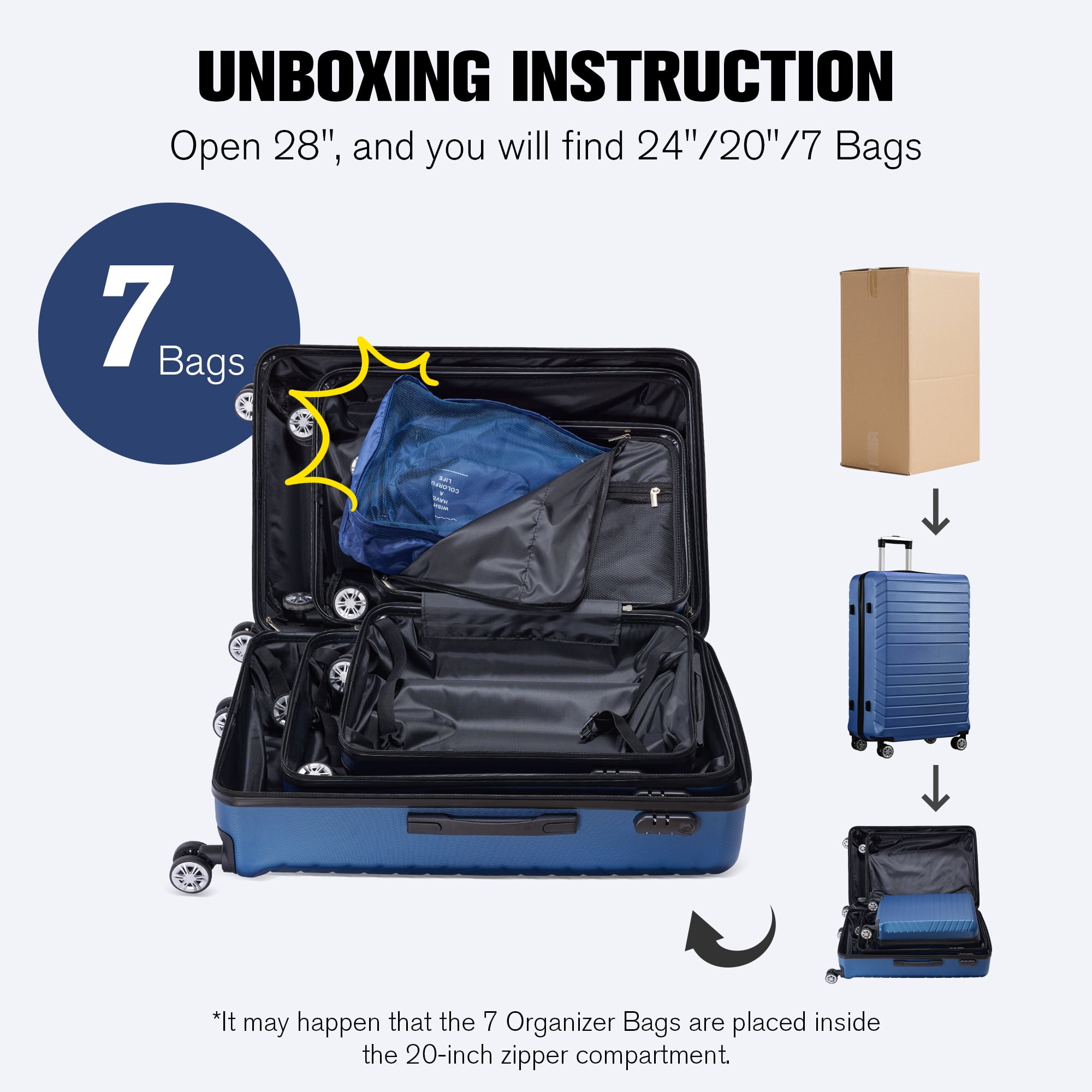 10 Piece Luggage Sets, 20 24 28 inch Lightweight Harside Suitcase with Spinner Wheels and 7PCS Packing Cubes(Navy)