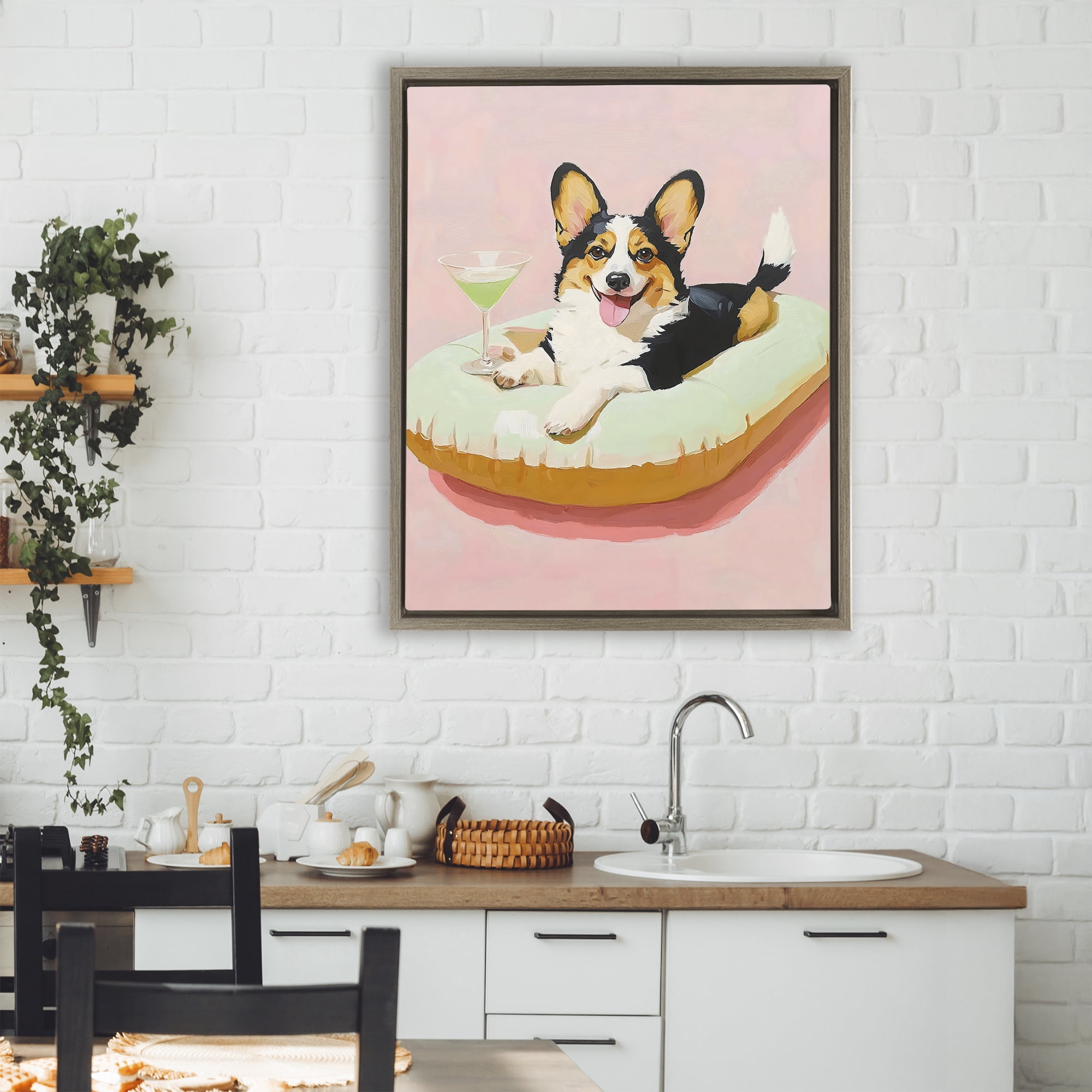 Stupell Industries Pastel Corgi with Cocktail Brown Framed Floater Canvas Wall Art, design by The Prints Vibe