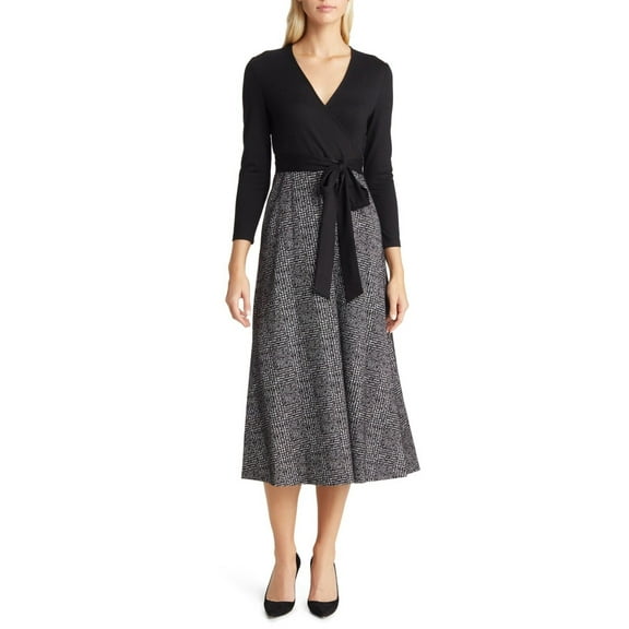 Anne Klein Serenity Glen Plaid A-Line Midi Dress in Black White Size Extra Small