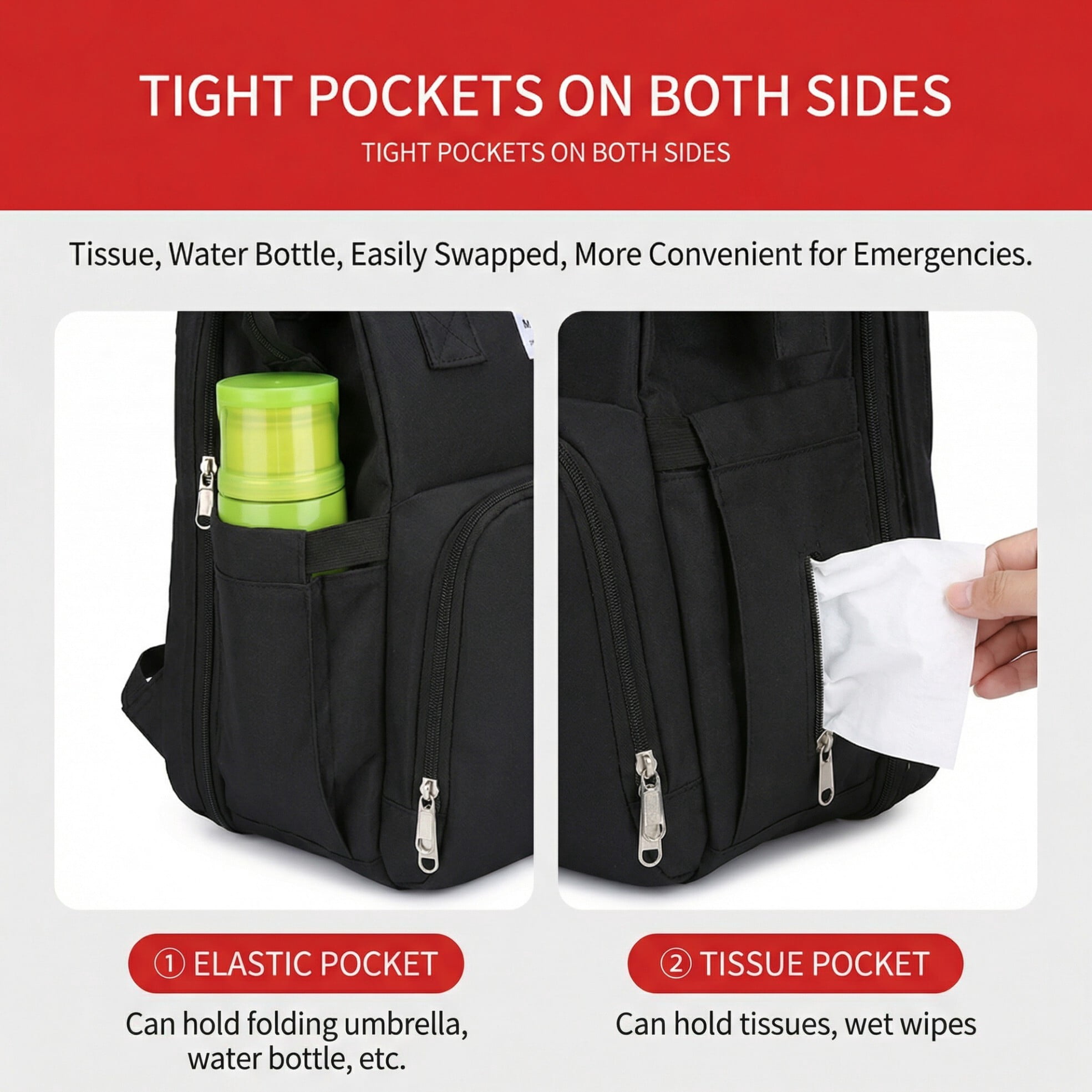 Baby diaper bag, backpack-style diaper bag, large waterproof baby bag, baby travel bag, with diaper pad and USB charging port, a great baby christening gift for mom, black.
