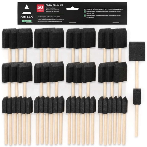 Arteza Foam Brush Set, 50 Piece Set Including 1" and 2" Brushes