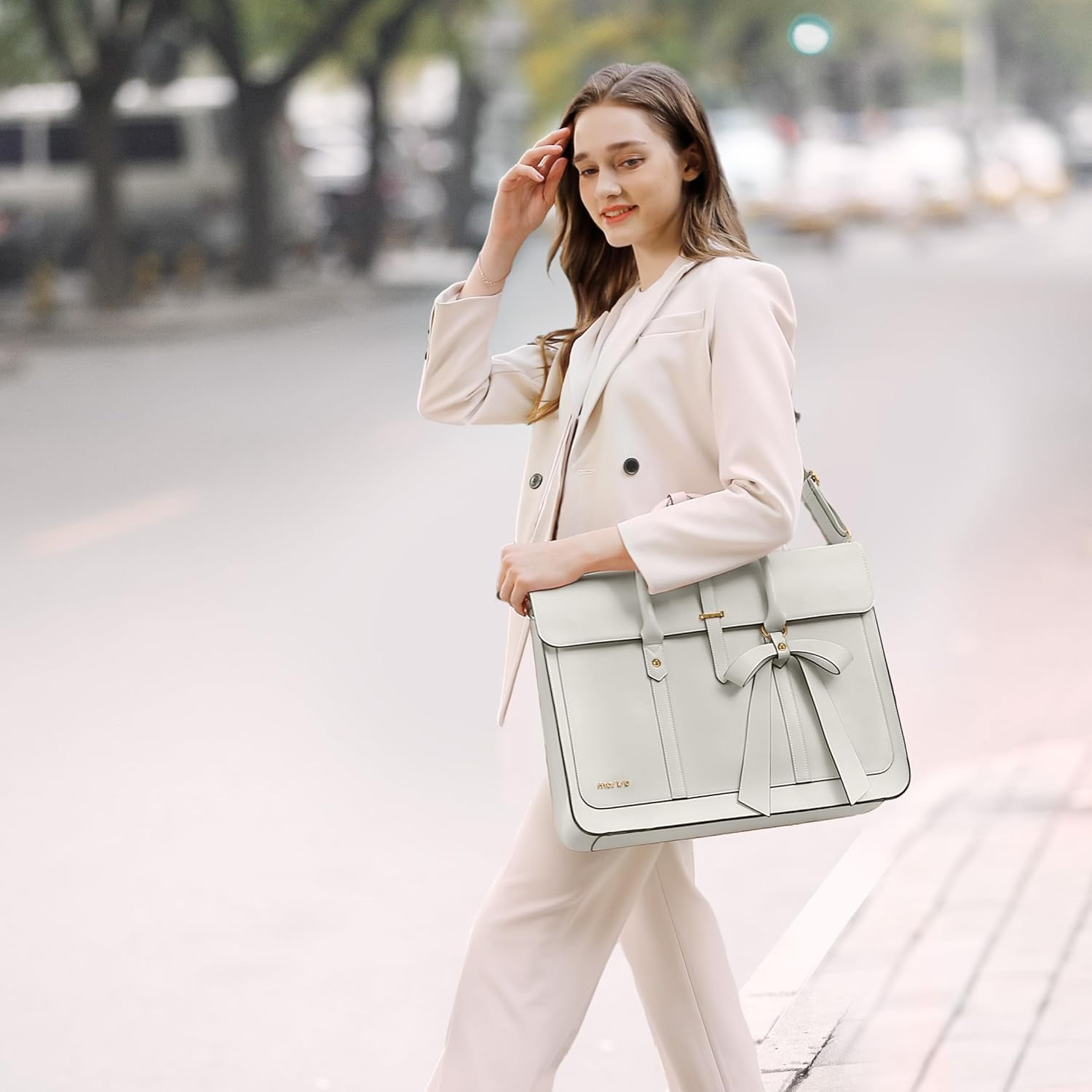 Mosiso Laptop Tote Bag for Women, 15-15.6 inch PU Leather Shoulder Bag Convertible Backpack, Casual Travel Handbag Office Work Computer Briefcase, Beige
