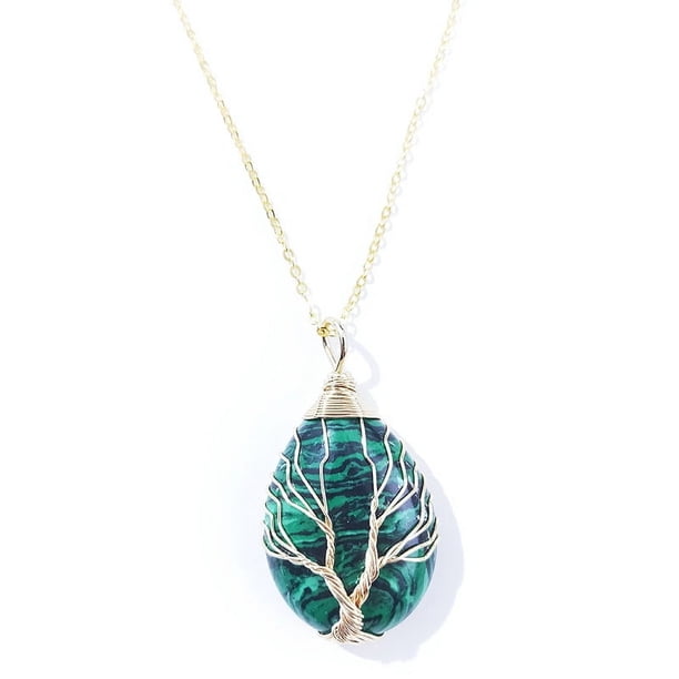 Zhuge Collar con colgante de árbol de la vida, adornos de collar para hombres y mujeres hechos a mano, collar con colgante de gota de agua de árbol de la vida envuelto en oro (verde oscuro)