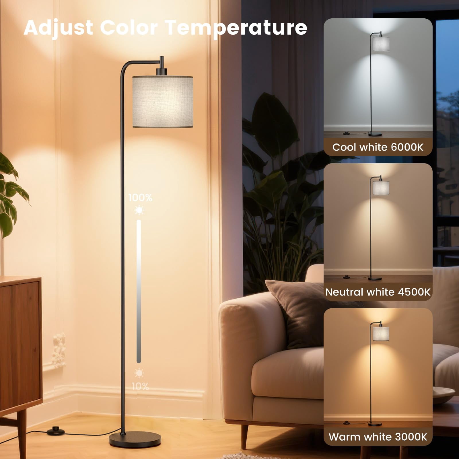Gray Linen Shade Dimmable Modern Floor Lamp For Living Room Bedroom Office