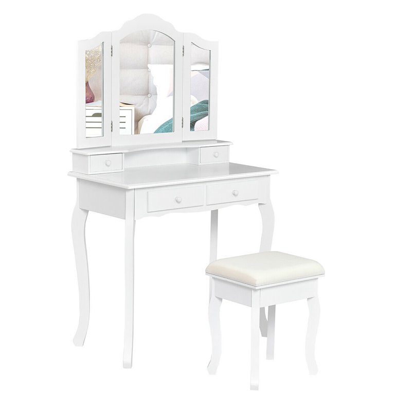 Costway Vanity Table Jewelry Makeup Desk Bench Dresser Stool White