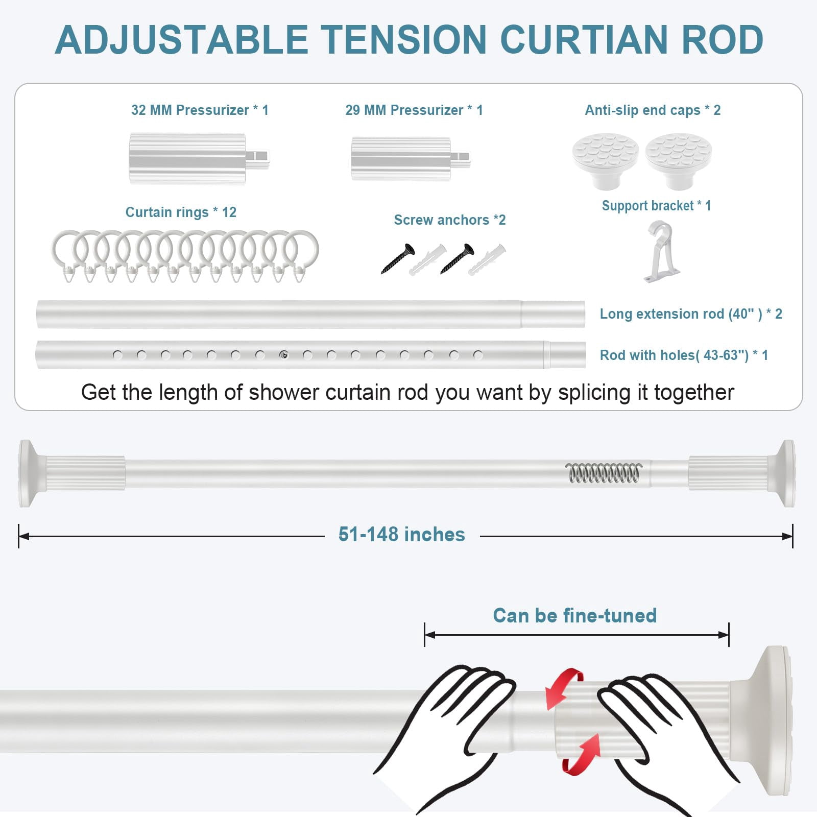 VEGCOO Tension Curtain Rod 51-148 Inch (4.25-12Ft), Extra Long Outdoor Tension Curtain Rod for Patio, Adjustable Shower Curtain Rod No Drilling, Spring Tension Rod for Bathroom Window, Easy to Instal