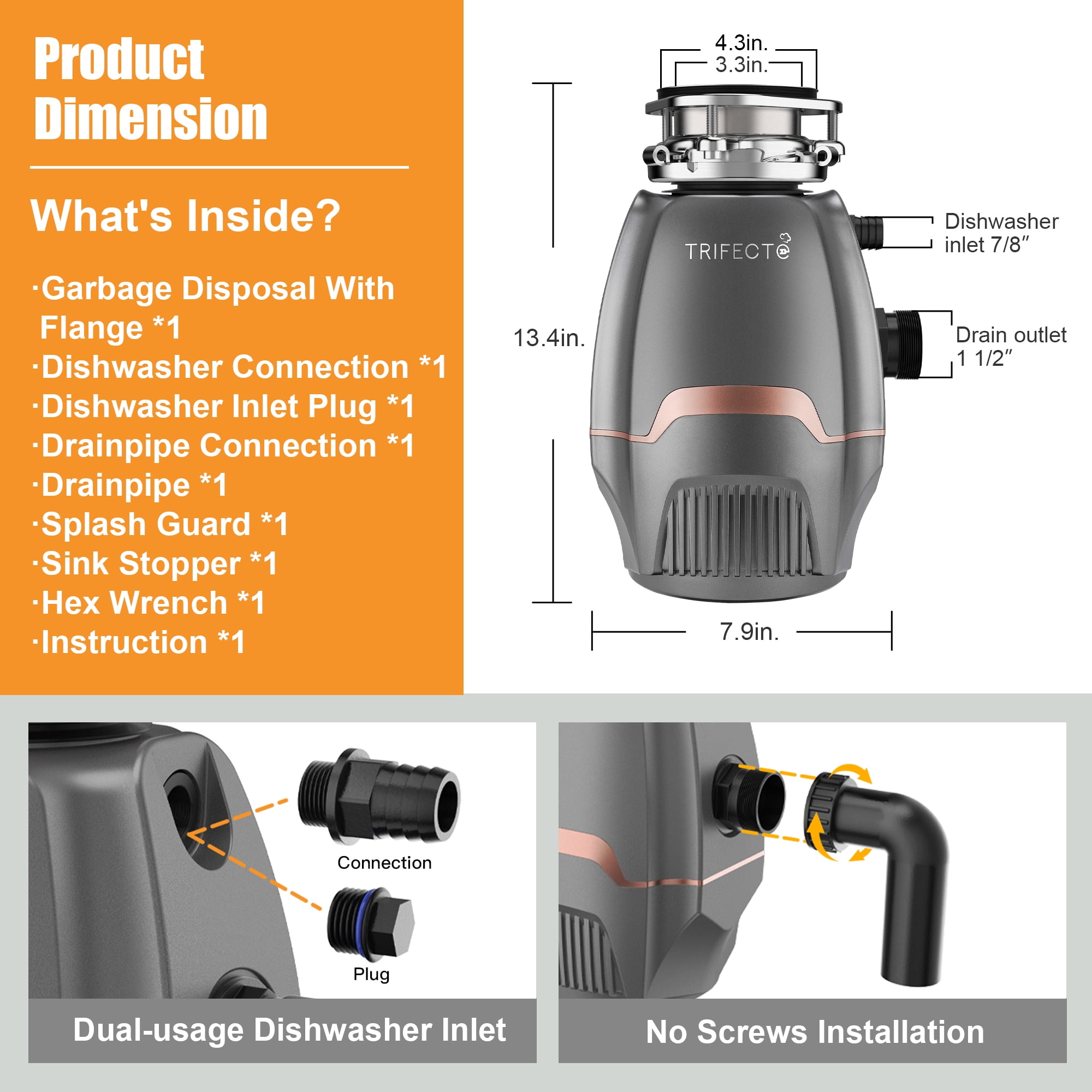 Trifecte 3/4HP Garbage Disposal, 3800RPM DC Motor Continuous Feed Food Waste Disposal with Power Cord