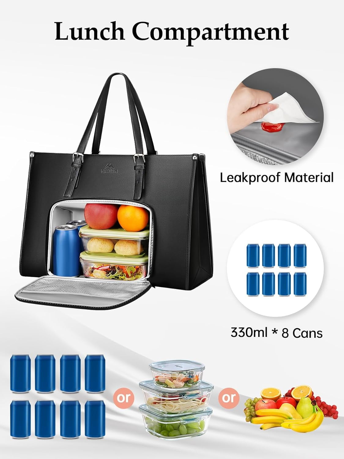 Matein Laptop Tote Bag with Insulated Lunch Compartment for Women Men, 15.6 inch Waterproof PU Leather Business Briefcase Handbag, Black