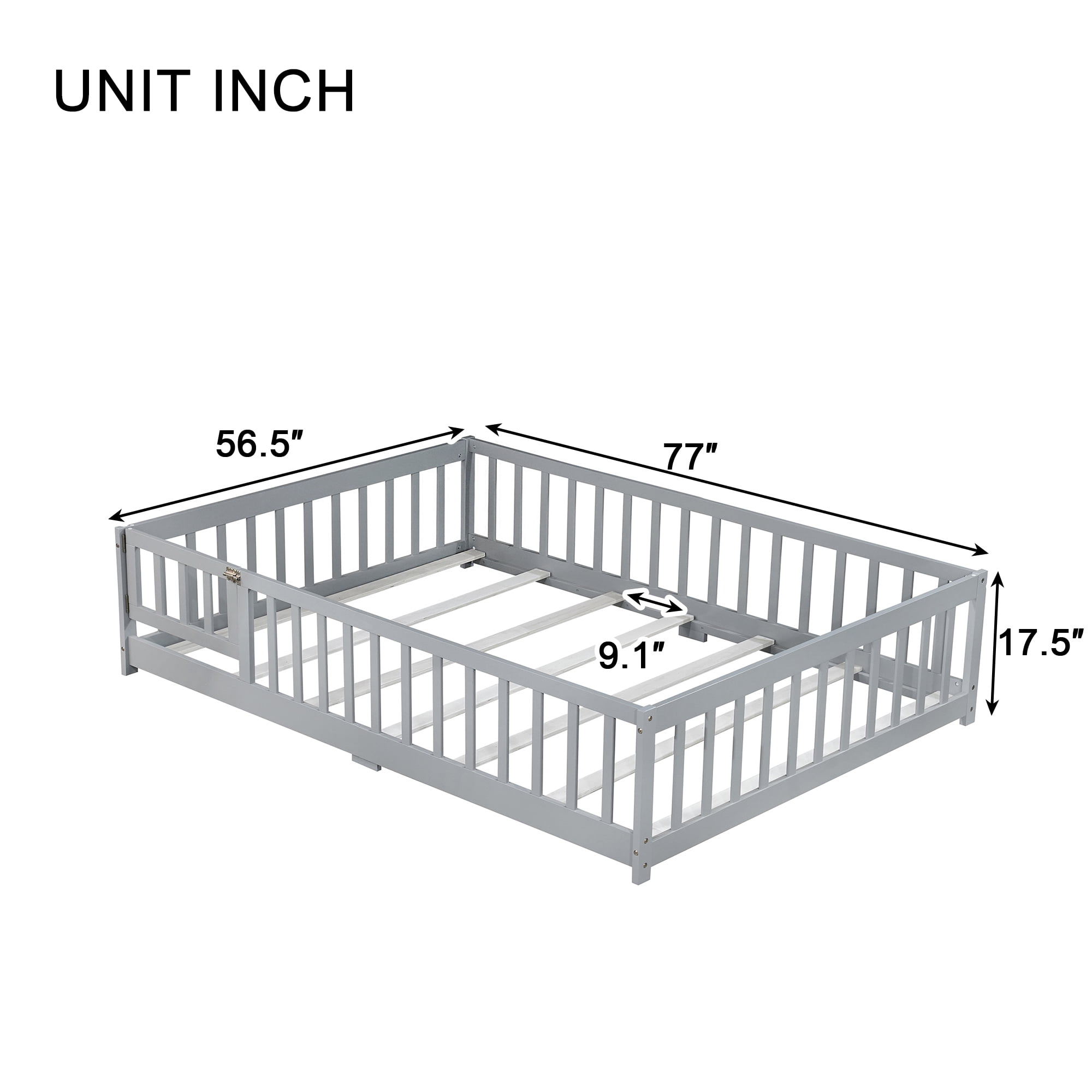 Alvantor Full Size Floor Bed for Toddler, Solid Wood Floor Bed with Door and Fence Guardrail, Montessori Floor Bed for Boys, Girls, Gray