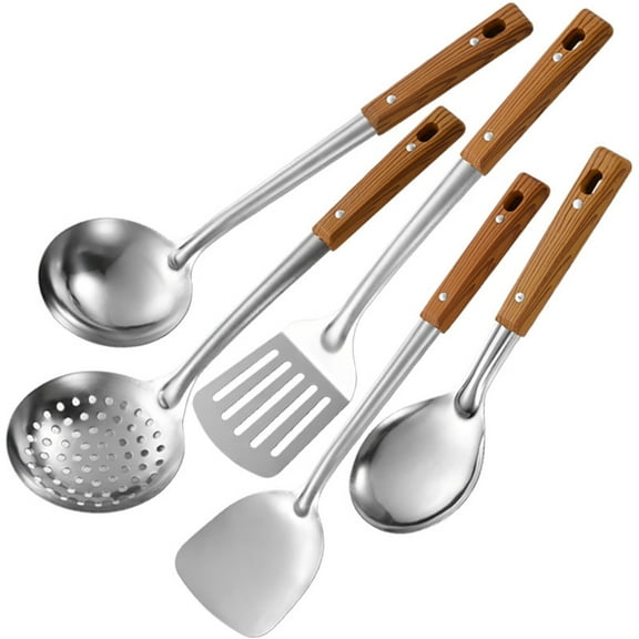 5Pcs Kitchen Soup Ladles Cooking Tool Spatulas Colander With Wood Handle