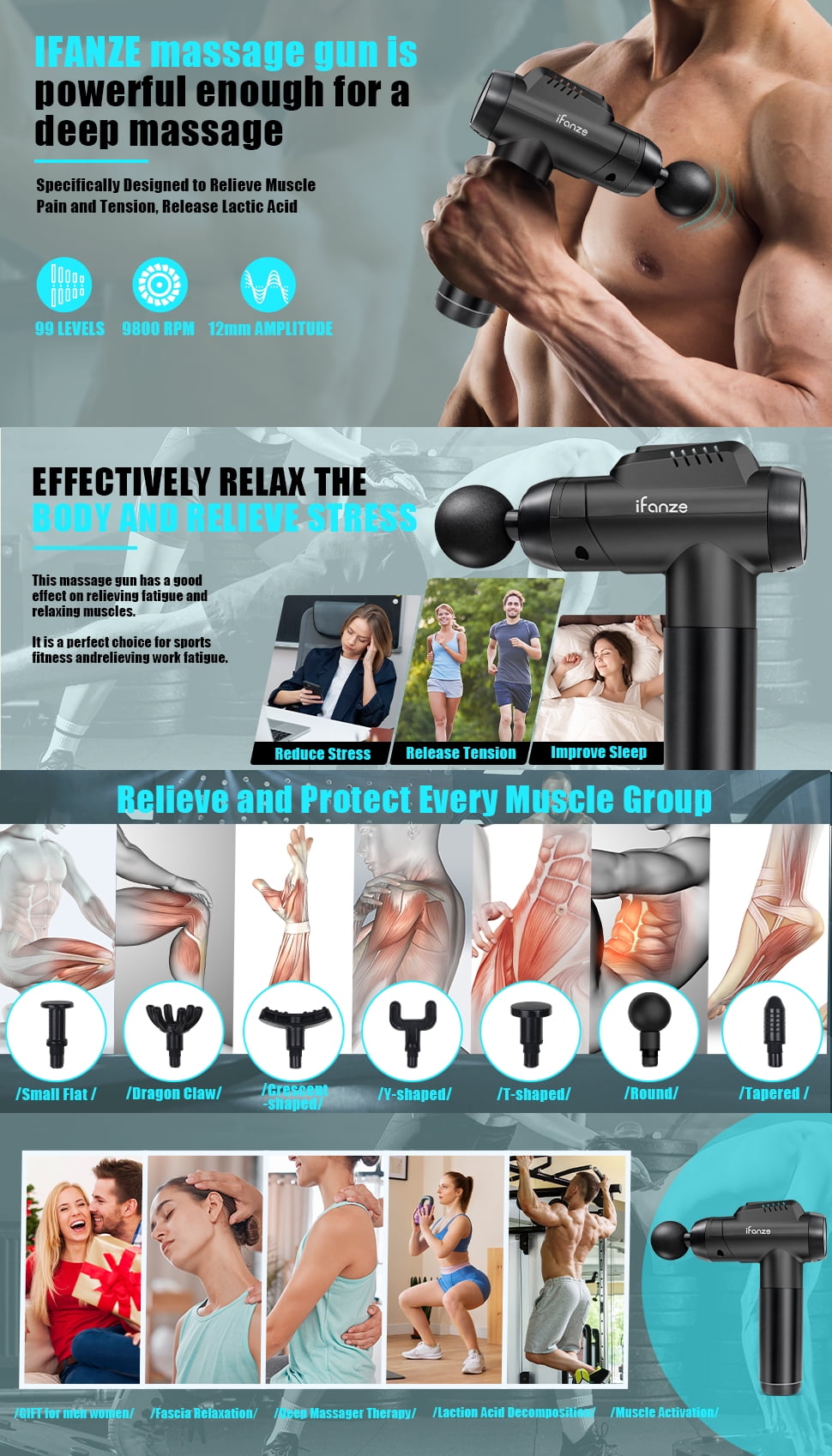 Massage Gun, Deep Tissue Percussion Massager for Pain Relief, Super Qu –  iFanze