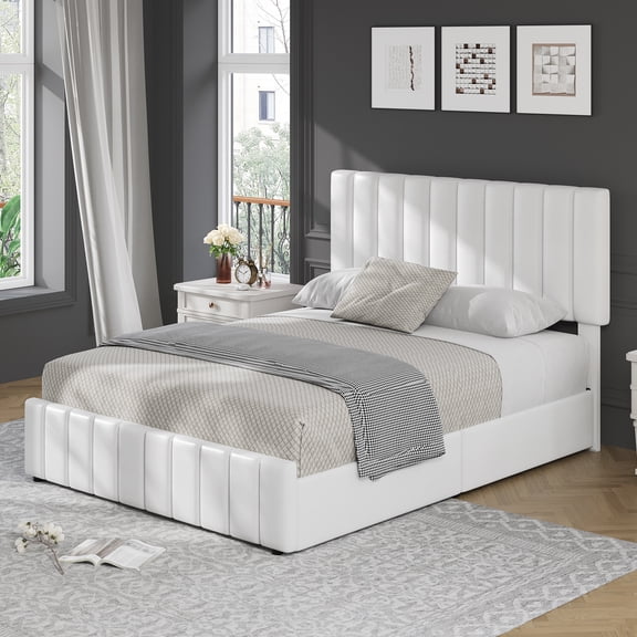 Queen Bed Frame with Adjustable Upholstered Velvet Headboard and 4 Storage Drawers, No Box Spring Require, white