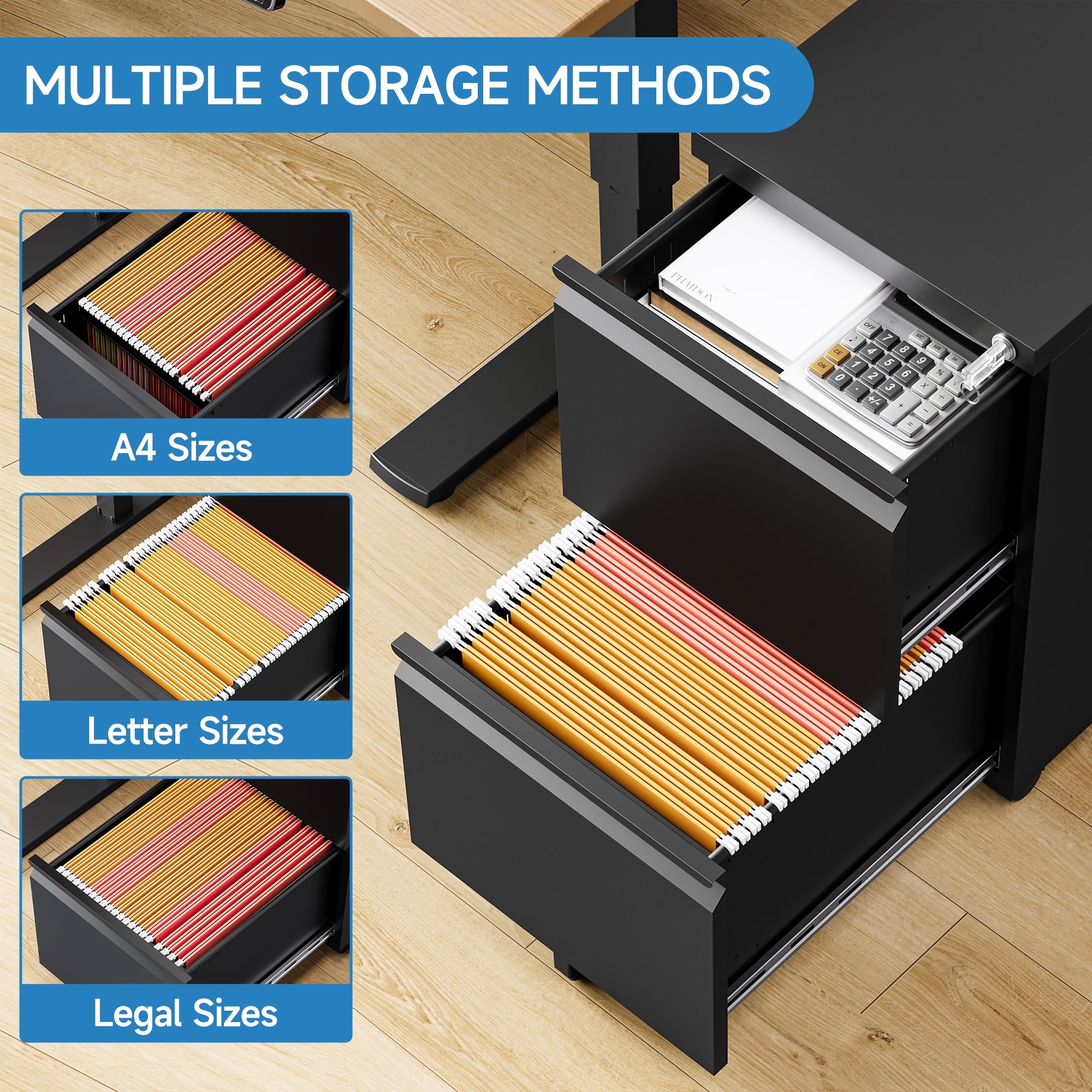Fesbos 2 Drawer Mobile File Cabinet with Lock, Metal Rolling Filing Cabinets for Home Office, Fully Assembled, Black, Fits Letter/Legal/A4 Size Files