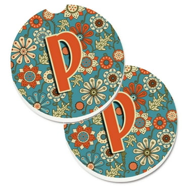 Carolines Treasures CJ2012-PCARC Letter P Flowers Retro Blue Set of 2 Cup Holder Car Coasters  Large multicolor