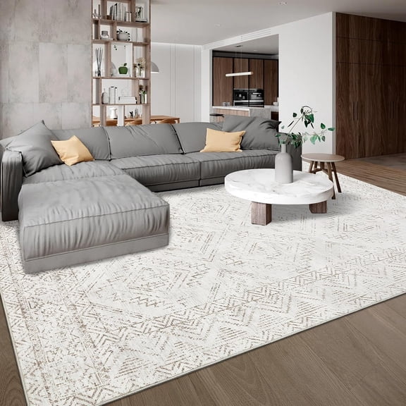 10x13 Large Distressed Diamond Area Rug, Non Slip Washable Low Pile Soft Stain Resistant Carpet for Living Room Farmhouse Bedroom Office, Rice white