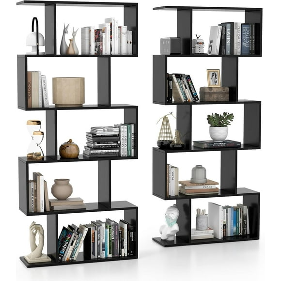 ZYPPPA 5-Tier Geometric Bookshelf, S Shaped Bookcase w/Anti-Toppling Device, Freestanding Room Divider, Industrial Home Office Decor Wood Open Storage Display Shelf for Living Room (2, Black)