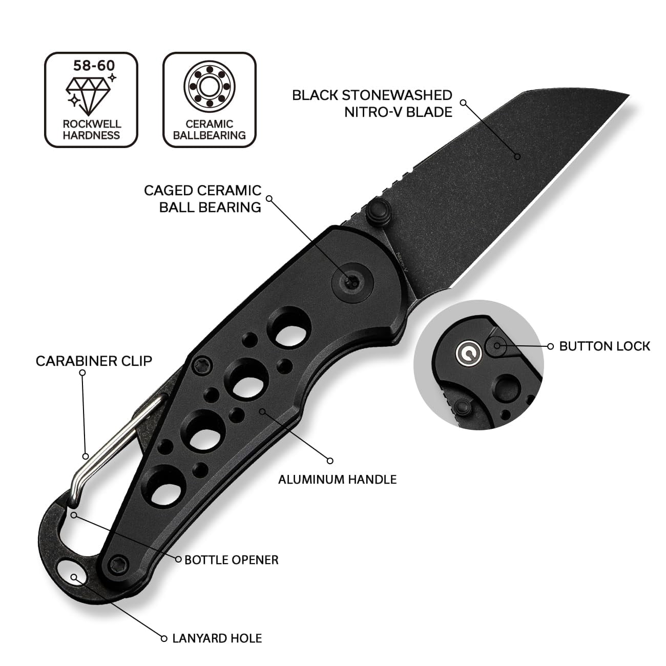 CIVIVI Pragma Folding Knife, Pocket Knife Multitool with Carabiner, Bottle Opener, 2.2" Nitro-V Blade Aluminum Handle, Ideal Gift for Men Women C23062B-1 (Black)