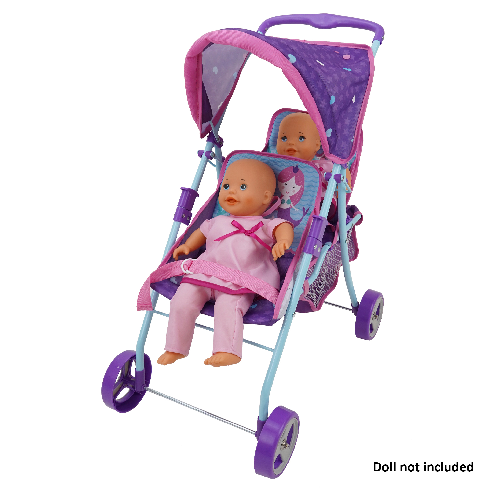 509 Mermaid Twin Doll Stroller- Retractable Canopy, Storage & Travel, 2 Seats, Fits dolls up to 18", Kids 3+