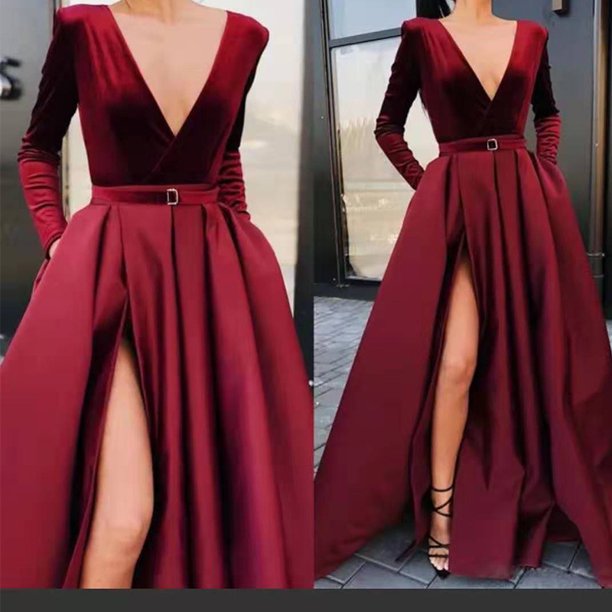 Vestido de otoño para mujer, vestido de noche sexy burdeos oscuro con escote en V, manga larga, falda dividida