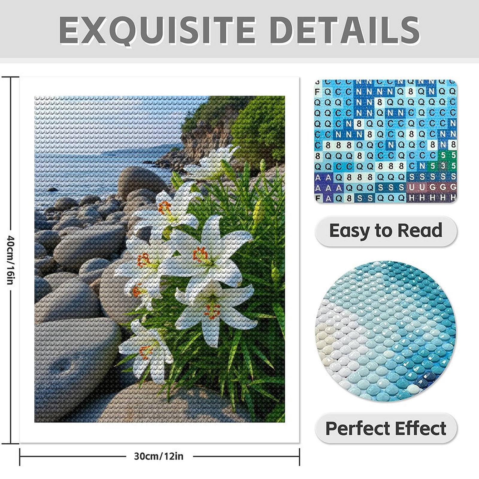 Diamond Art Kit for Adults, White Lilies Coastal Rocks Ocean Diamond Painting for Adults Beginners, 5D DIY Diamond Art Painting Kits, Colorful Diamond Painting Craft for Home Decor 12x16 Frameless