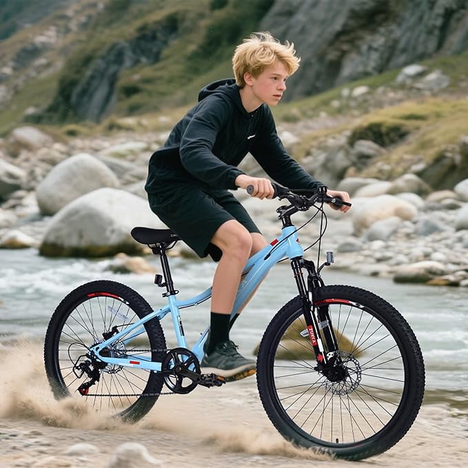imerelez 24 Inch Mountain Bike- 6-Speed Shimano Gears, Steel Frame with Suspension Fork & Dual Disc Brakes,for Trail Riding,Blue