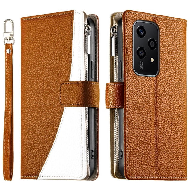 Funda cartera GANGXUN para Honor 200 Lite , cuero PU con tarjetero, cremallera, correa de mano, soporte y protección 1316°