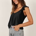thumbnail image 3 of Mujeres ruffle Cap manga Top Deep V Masajeadores de cuello backless Loose fit color puro casual verano camiseta negro L, 3 of 8