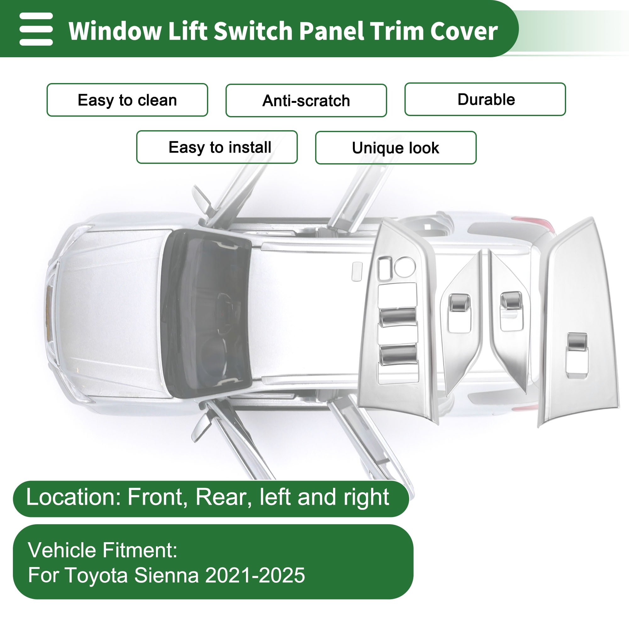 Unique Bargains Window Lift Switch Panel Trim Cover for Toyota Sienna 2021-2025 Front Rear Car Door Window Control Button Interior Accessories Matte Silver Tone