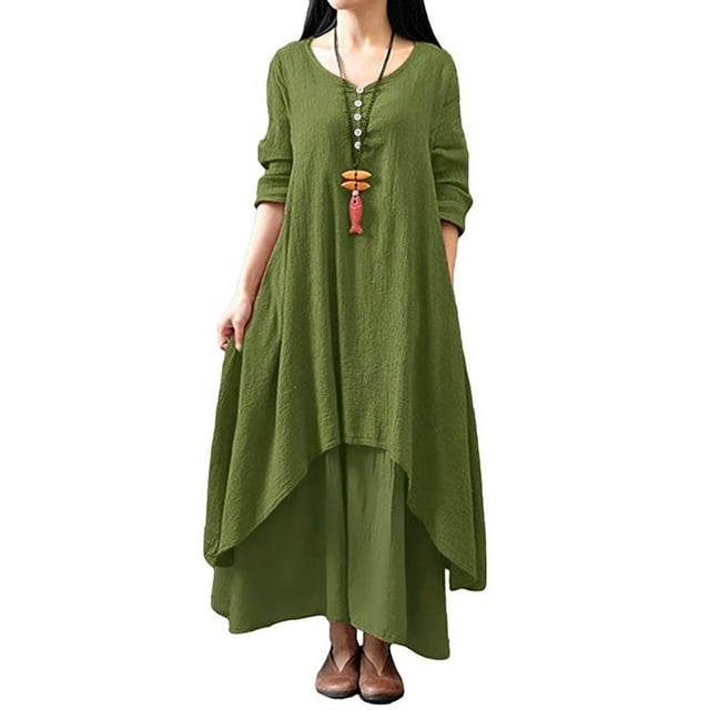 TIMIFIS Maxi Dress for Women Plus Size Flowy V Neck Dress Solid Long Sleeve Buttons Irregular Hem Maxi Dress - Spring/Summer