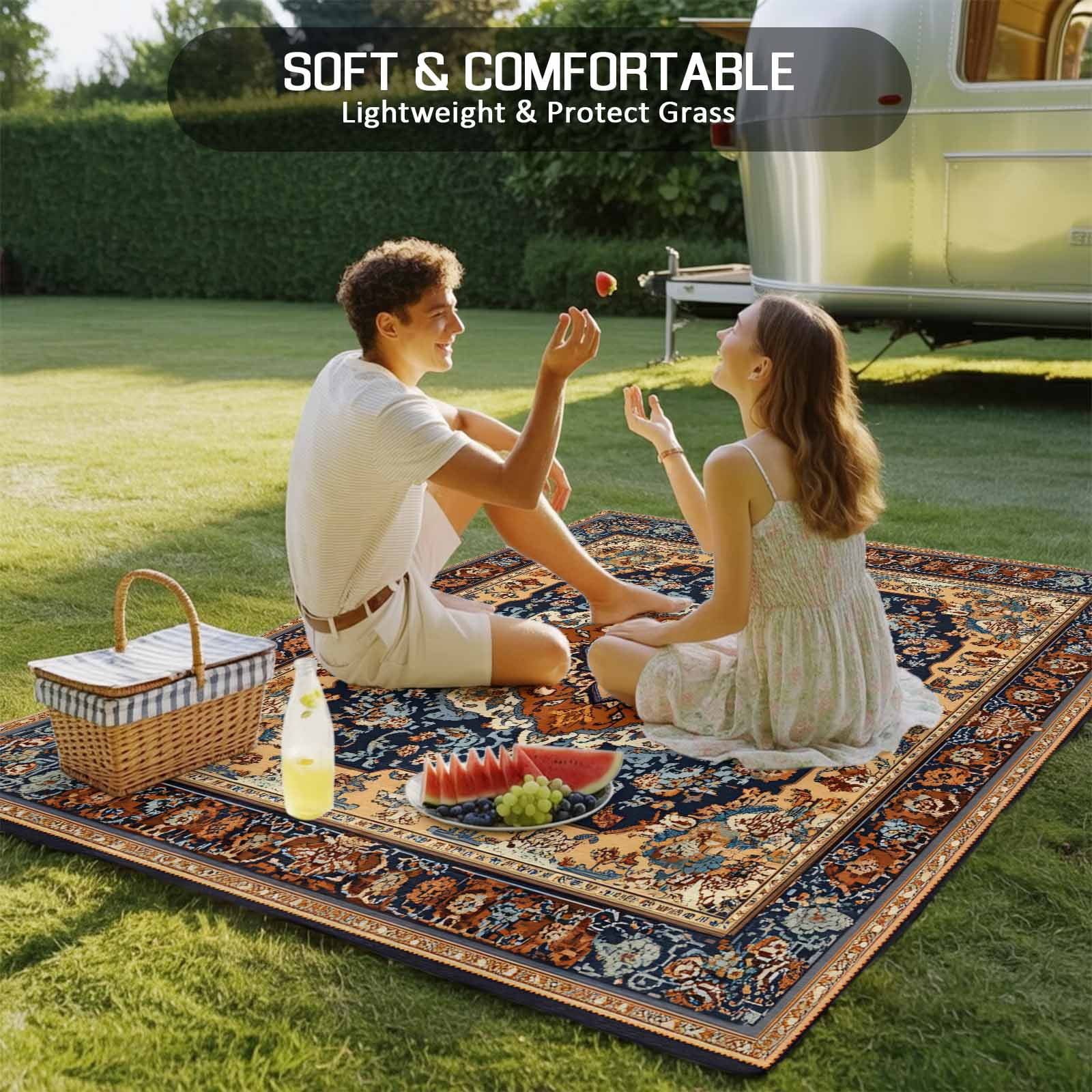 Fsddascl Blue Burnt Orange Boho Outdoor Rug for Patio/Deck/Porch, Non-Slip Large Area Rug 5 x 8 Ft, Traditional Ethnic Southwestern Indoor Outdoor Rugs Washable Area Rugs, Camping Rug Carpet