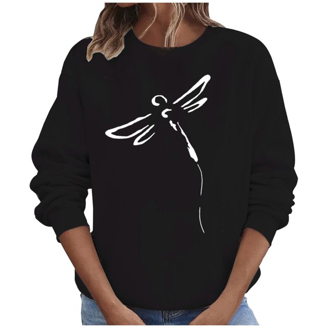 Penkiiy Blouses pour Femmes Hauts d'Automne Manches Longues Chandail Ample Chemise Décontractée Imprimé Poitrine Col Rond Chandails en Molleton Noir Vêtements Y2K