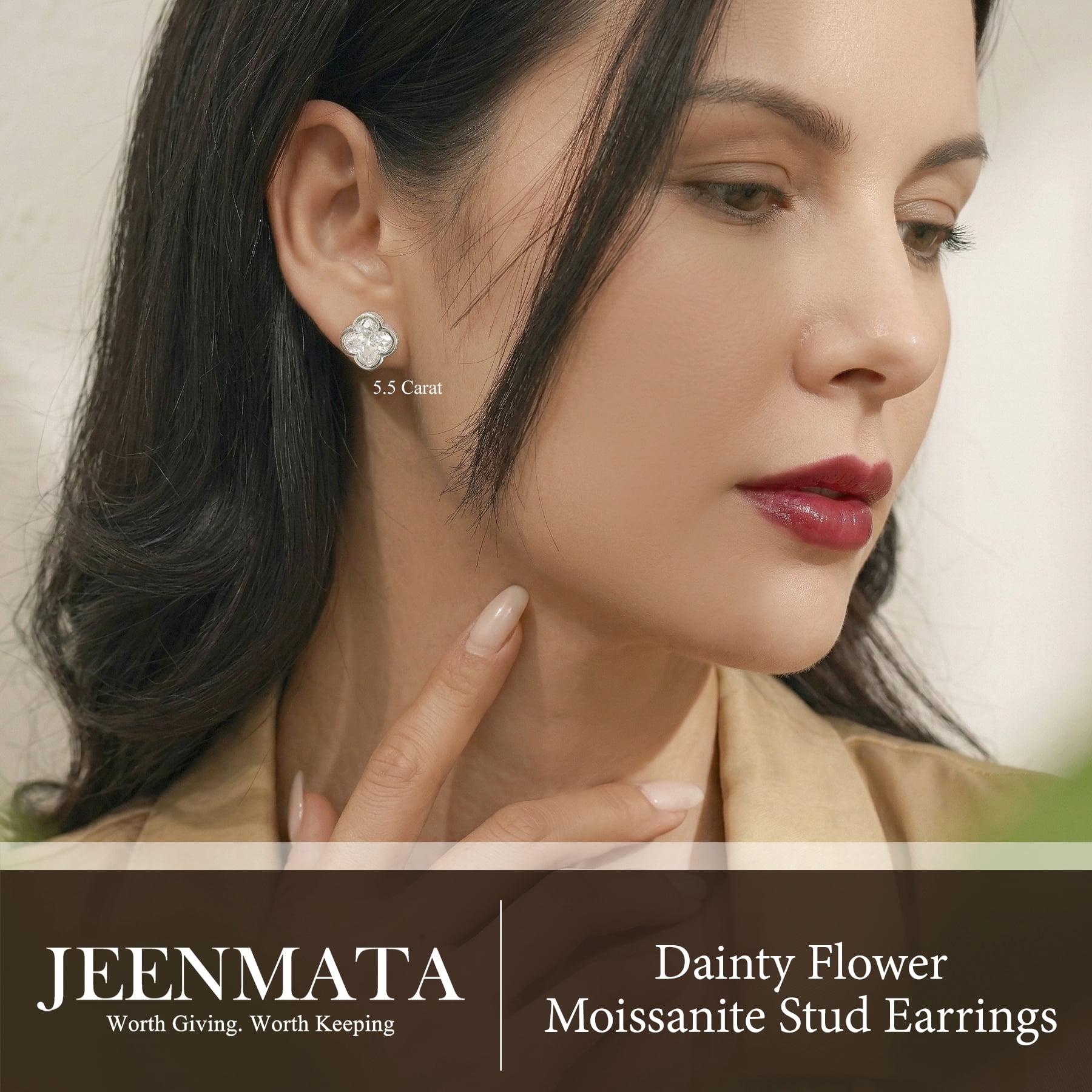 JeenMata 5.5 Carat Danity Flower Moissanite Stud - Floral Cut Earrings in 18K White Gold Plating for Women
