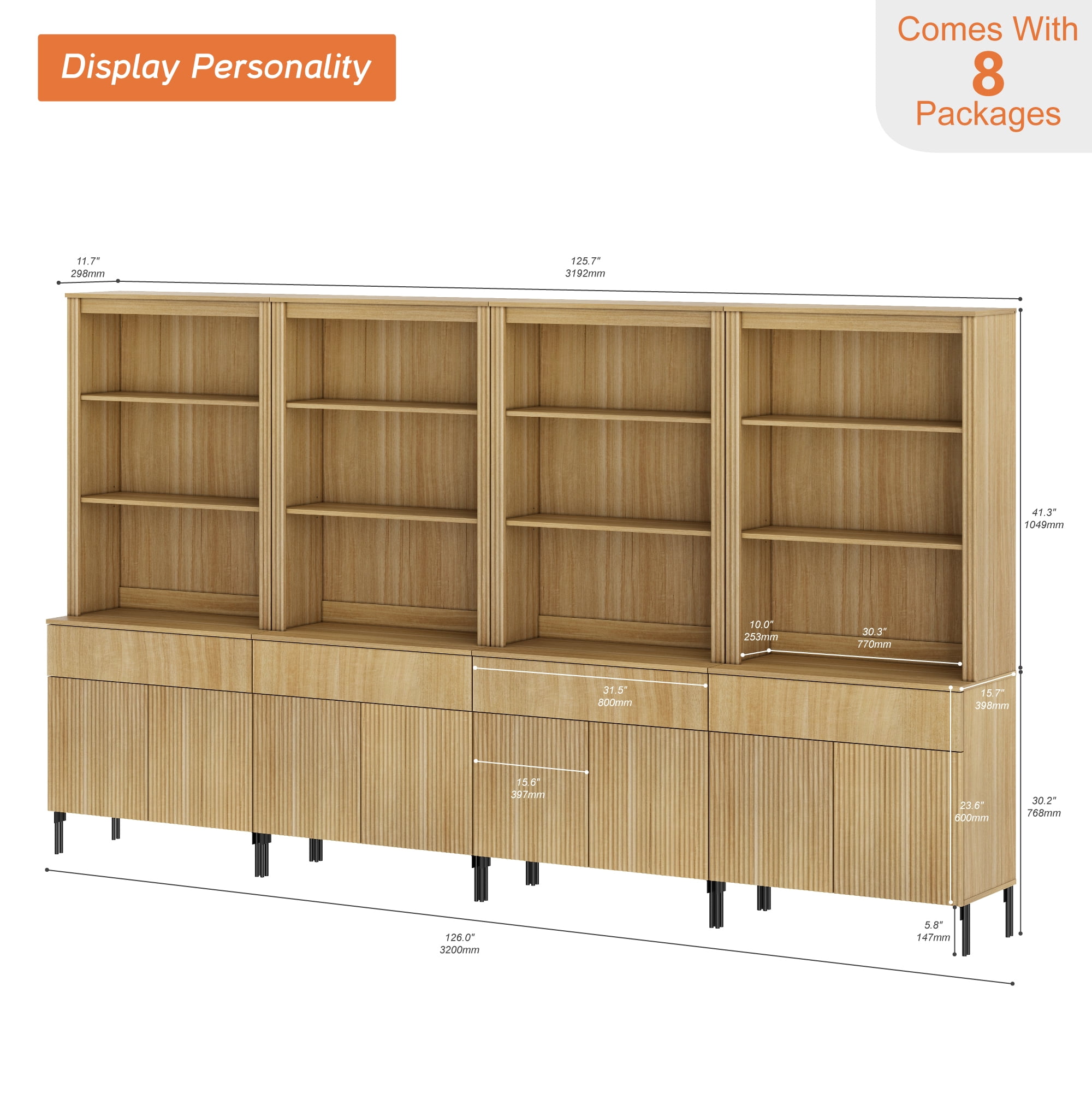 71.6"H X 126"W Set Of 4 Bookcase with Storage Cabinets, 20 Tier Bookshelf with Fluted Doors and Drawers, Large Modern Display Cabinet For Living Room Bedroom Home Office Kitchen