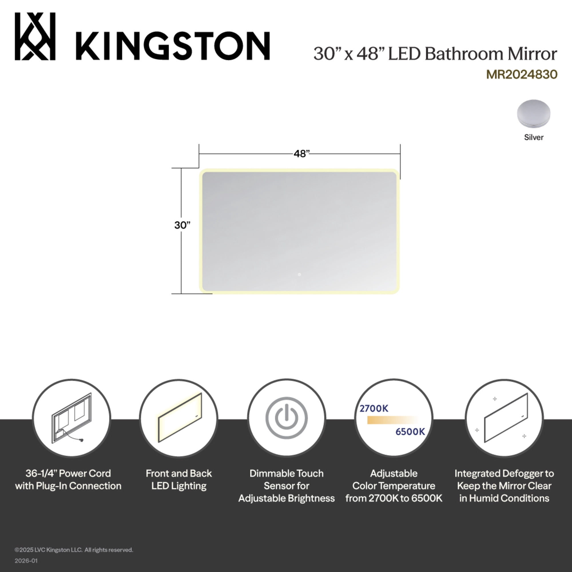 Kingston Brass MR2024830 Aurora 30-Inch x 48-Inch LED Bathroom Mirror, Front and Back Light, Anti-Fog, Dimmable Touch Sensor Lighted Mirror in Silver