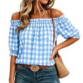 thumbnail image 7 of Setooff Womens Shirts, Gingham Off Shoulder Bubble Sleeve Shirts for Women, Elastic Ruffle Neck Loose Casual Summer Blouse, 7 of 7