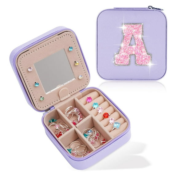 Travel Jewellery Box with Mirror, Small Purple Organiser Case for Girls & Women, 6 Compartments