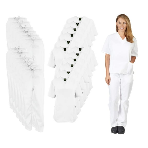M&M SCRUBS Women Scrub Set V-Neck Medical Scrub Tops and Drawstring Pants - Pack of 12 Set (White, 4X-Large)
