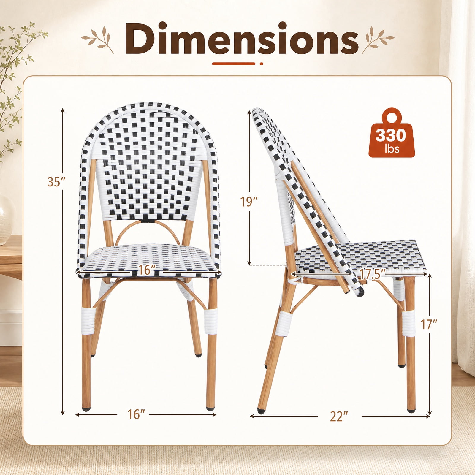 Furnibear French Bistro Chair Set of 2 with Hand-Woven PE Rattan Seats and Galvanized Metal Frame for Patio Garden and Balcony, White