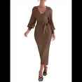 thumbnail image 1 of Vestido Ajustado de Punto para Mujer, Elegante, Retro, con Mangas Acampanadas, Cuello en V, Color Liso, para Vacaciones. Café Marrón M, 1 of 9