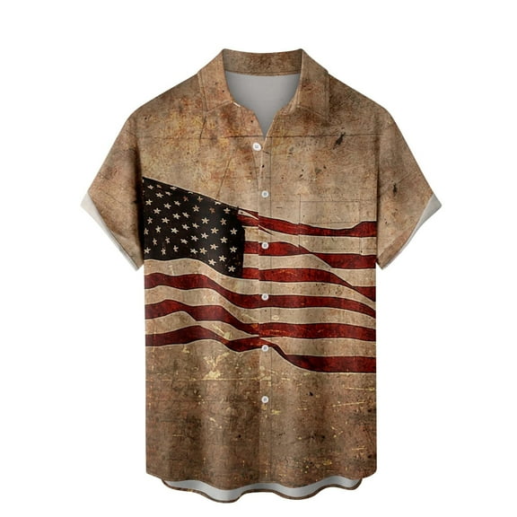 Bjutir Mens Patriotic Shirts Short Sleeve Button Down Lapel Neck Tops American Flag Print Pocket Fashion Casual Patriotic Lightweight Summer T Shirts Beach Hawaiian Mens Tees Khaki L