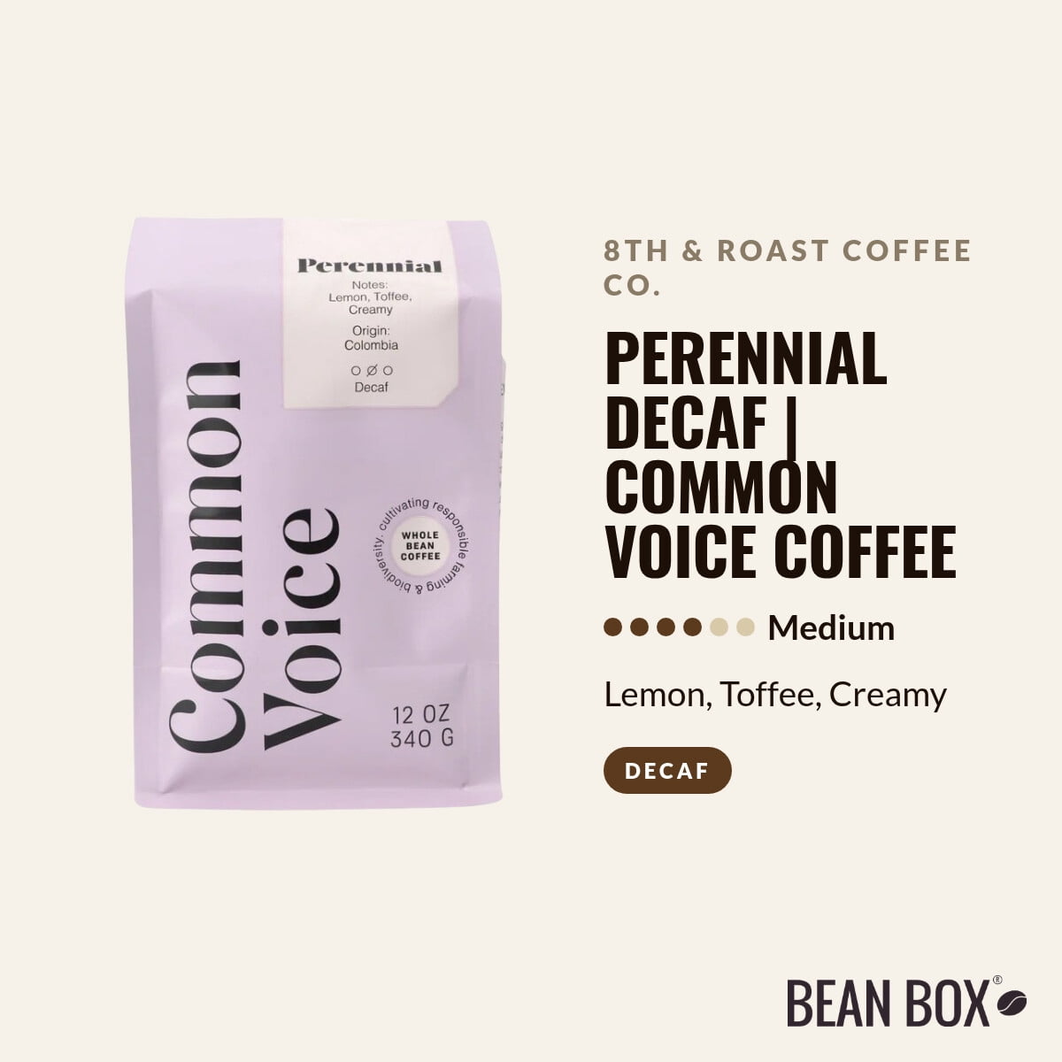 Perennial Decaf Common Voice Coffee - Roasted by 8th & Roast Coffee Co. - Whole Bean Coffee - 2lb Bag