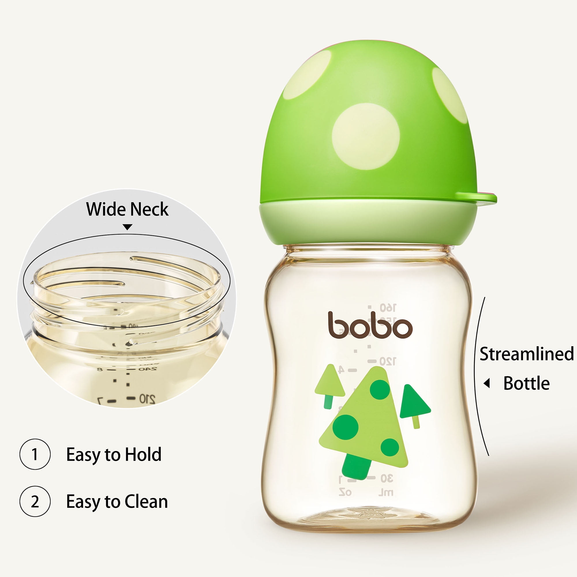 YOHKOH 5.4oz Baby Bottles,Mushroom Cap,Wide-neck,Natural Flow Nipple,0-3m+ Infant,Green