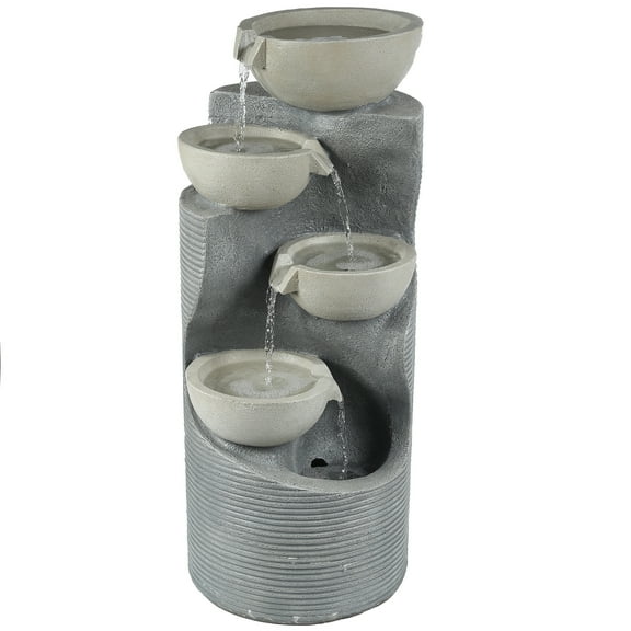 LuxenHome Modern Gray Resin Tiered Bowls Outdoor Fountain with Lights