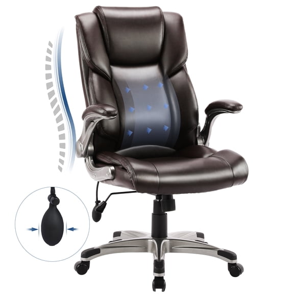 MALOL High-Back Executive Office Chair – Ergonomic Leather Desk Chair with Flip-Up Arms, Adjustable Tilt, and Swivel Rolling Design for Home & Office, Brown