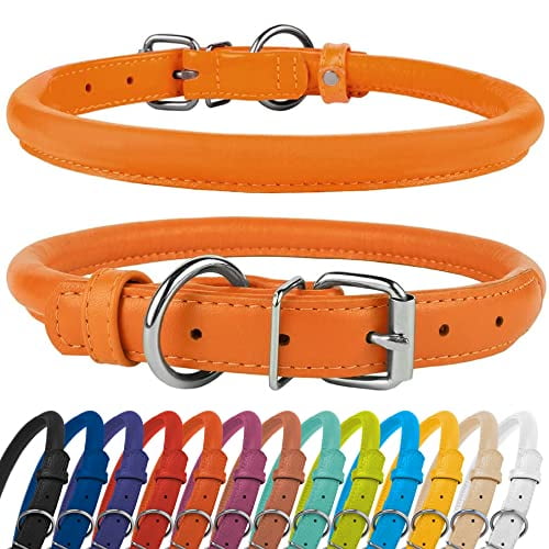 CollarDirect Rolled Leather Dog Collar, Soft Padded Round Puppy Collar, Handmade Genuine Leather Collar Dog Small Large Cat Collars 13 Colors (14-16 Inch, Orange Textured)